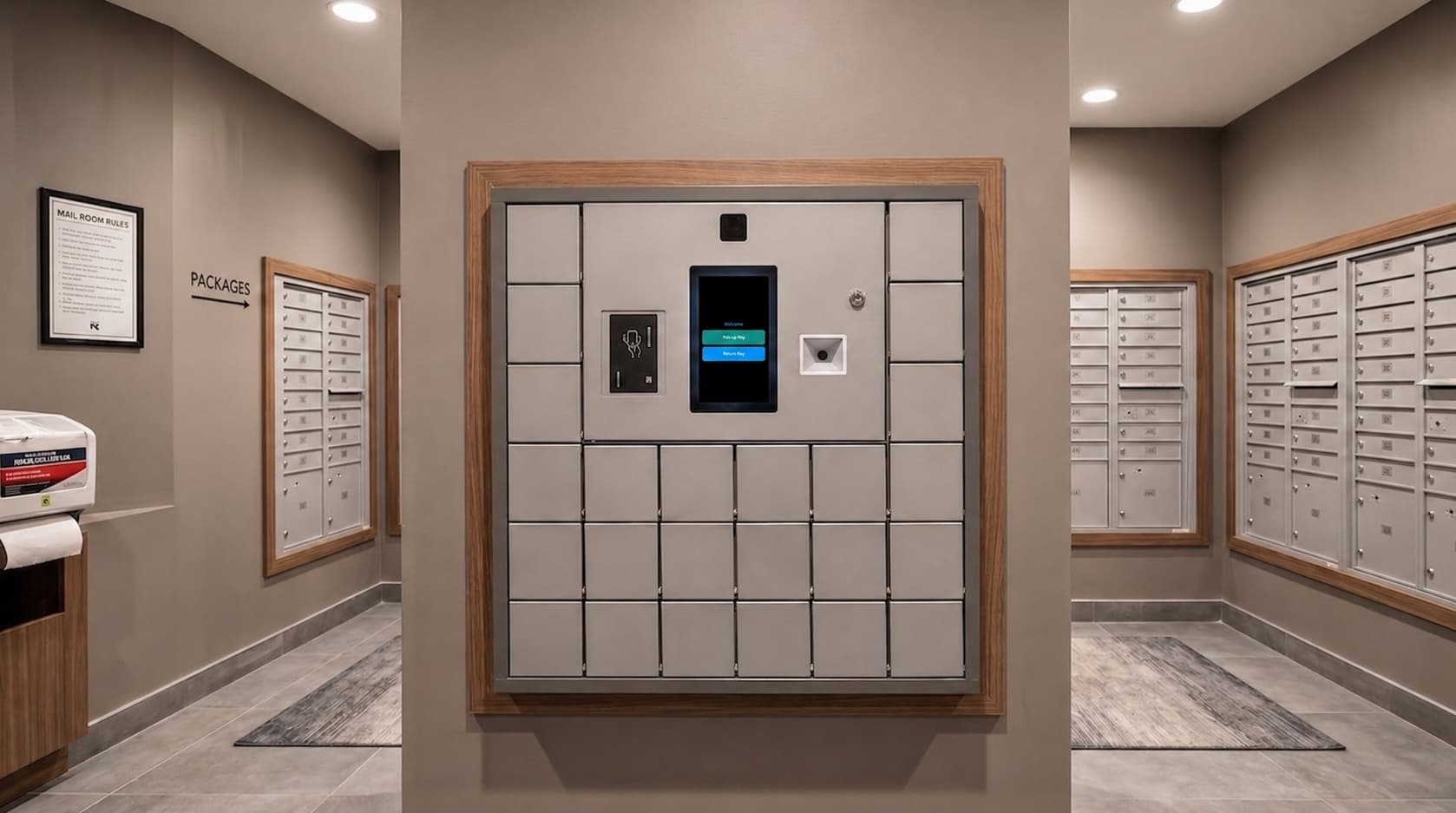 EasyLockbox installed in a residential mailroom alongside traditional mailboxes